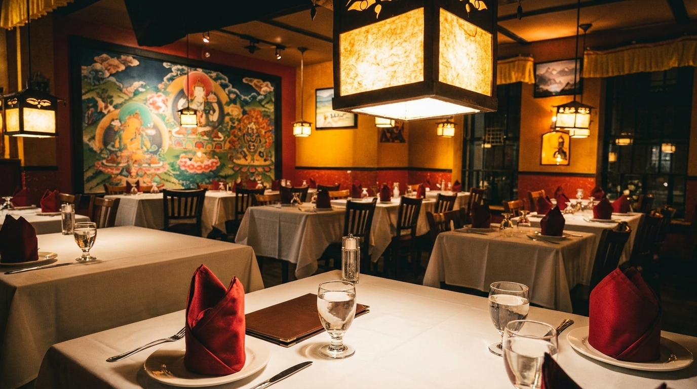 Restaurant dining room with white tablecloths, red napkins, and colorful murals on the walls.
