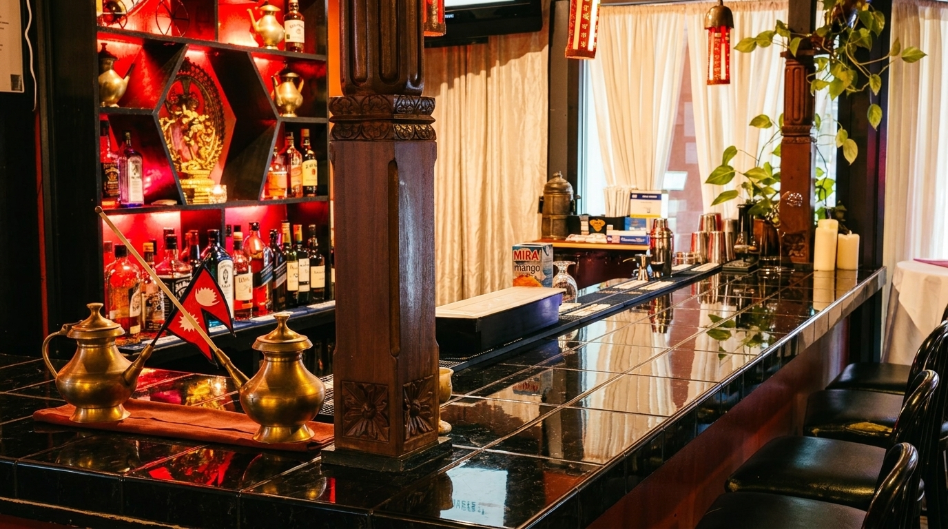 Restaurant bar with red-lit shelves of liquor bottles, decorative teapots, and a Nepalese flag.