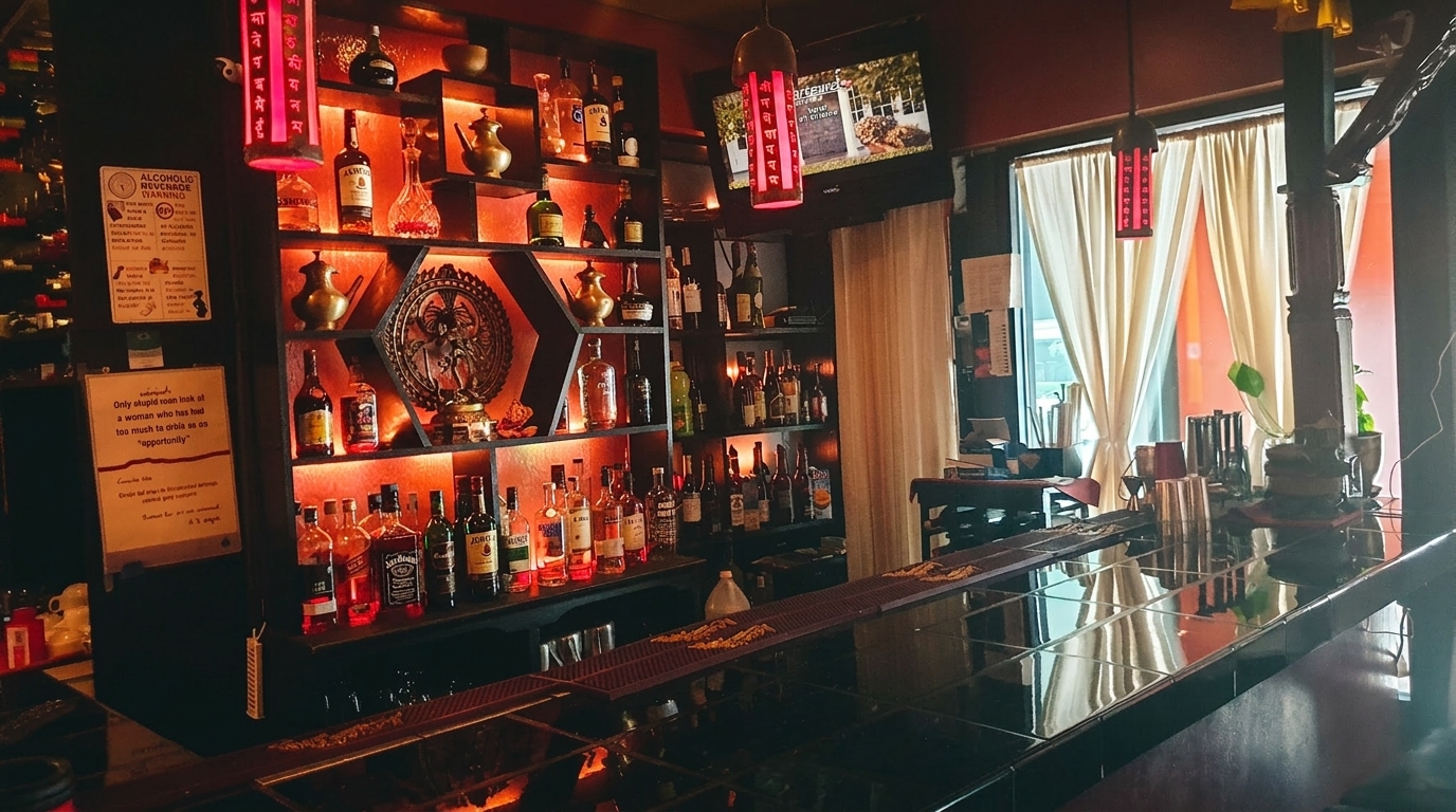 A dimly lit bar with shelves of liquor bottles, decorative items, and a TV screen.