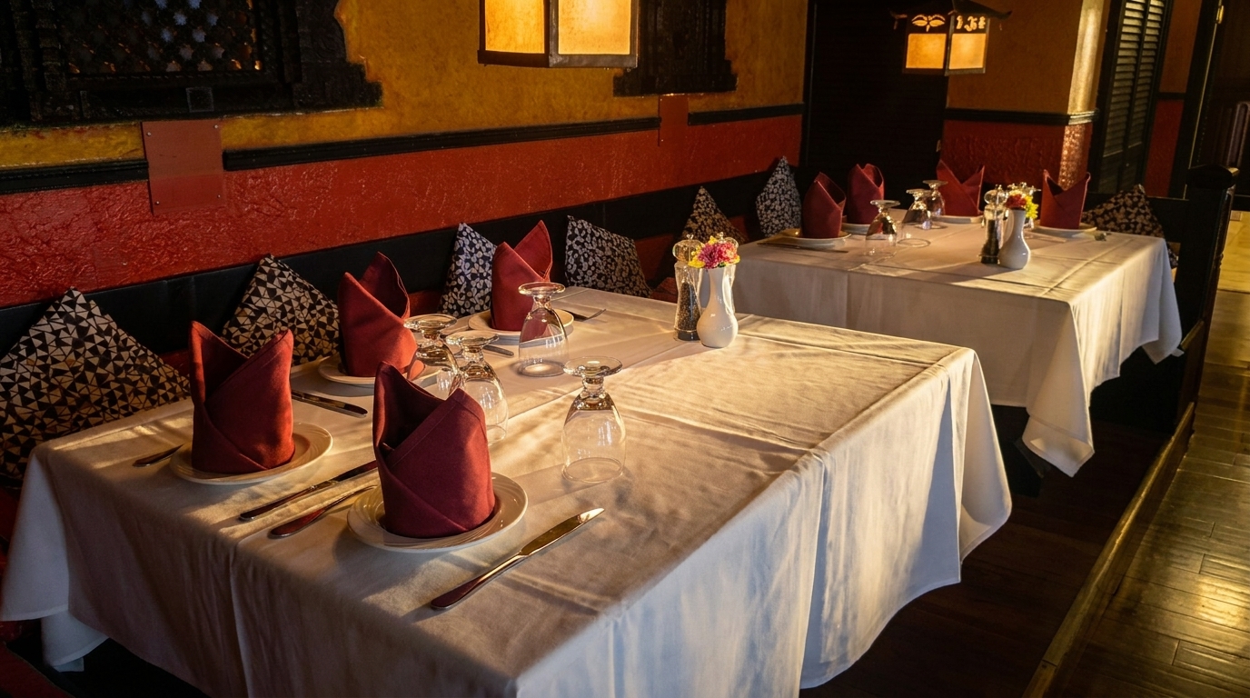 Restaurant dining room with white tablecloths, red napkins, and patterned pillows on banquette seating.