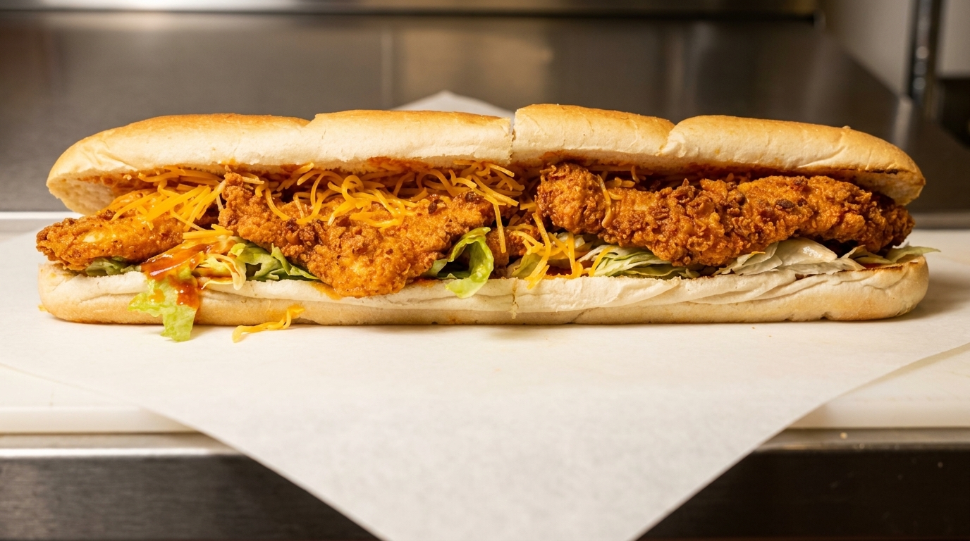 A long fried chicken po'boy sandwich with lettuce, shredded cheese, and sauce on parchment paper.
