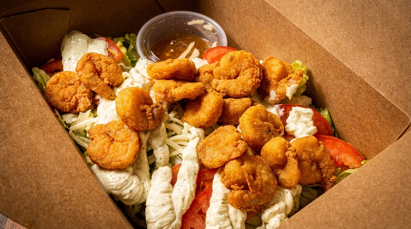 Crispy fried shrimp salad with lettuce, tomatoes, shredded cheese, and creamy dressing in a takeout box.