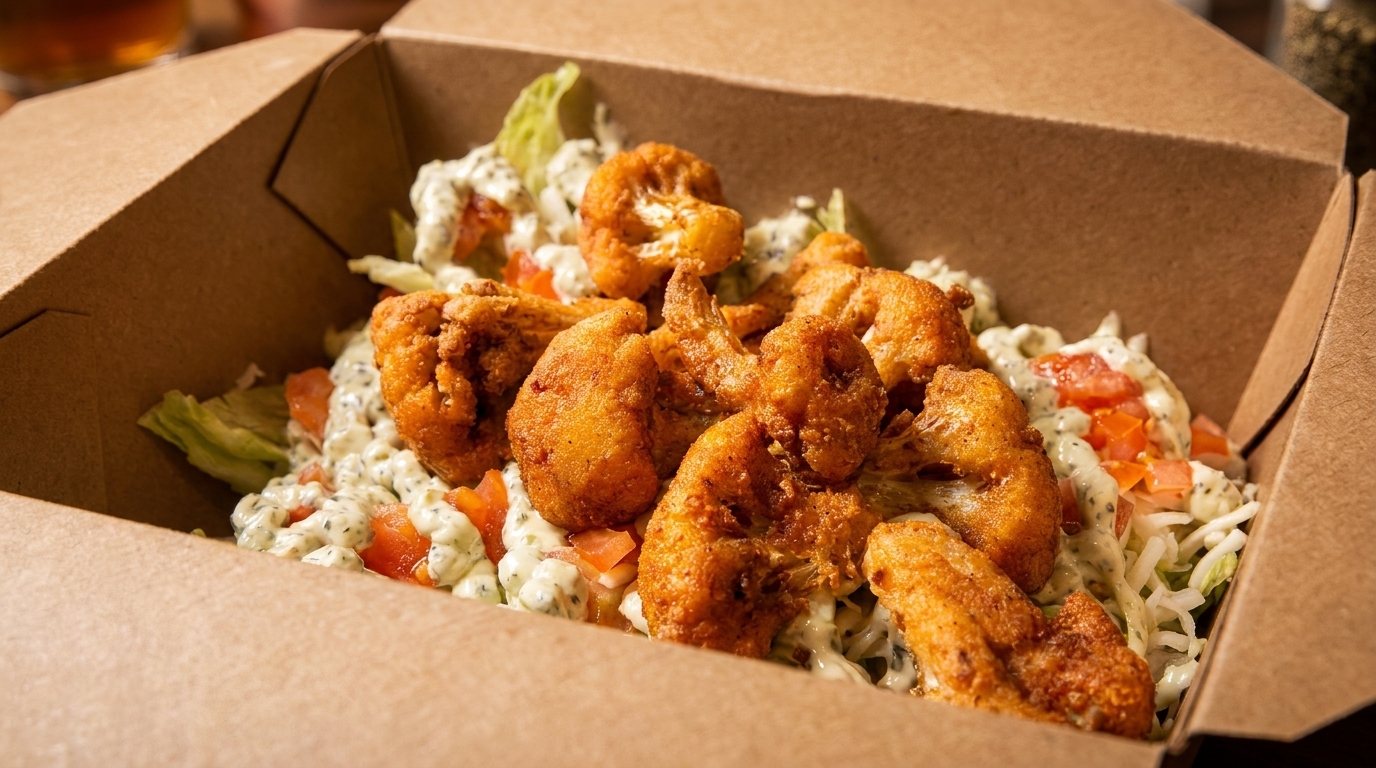 Crispy fried cauliflower bites with creamy sauce, lettuce, and diced tomatoes in a takeout box.