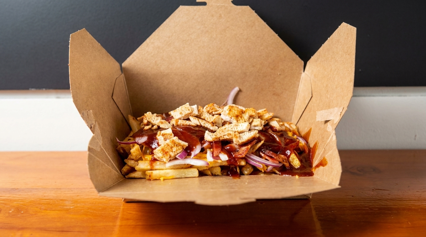 Loaded fries with chicken, bacon, red onion, and barbecue sauce in a brown takeout box.