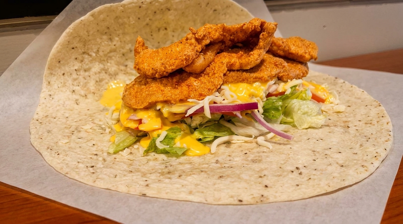 Crispy fried chicken tenders, lettuce, cheese, and red onion on a tortilla wrap.