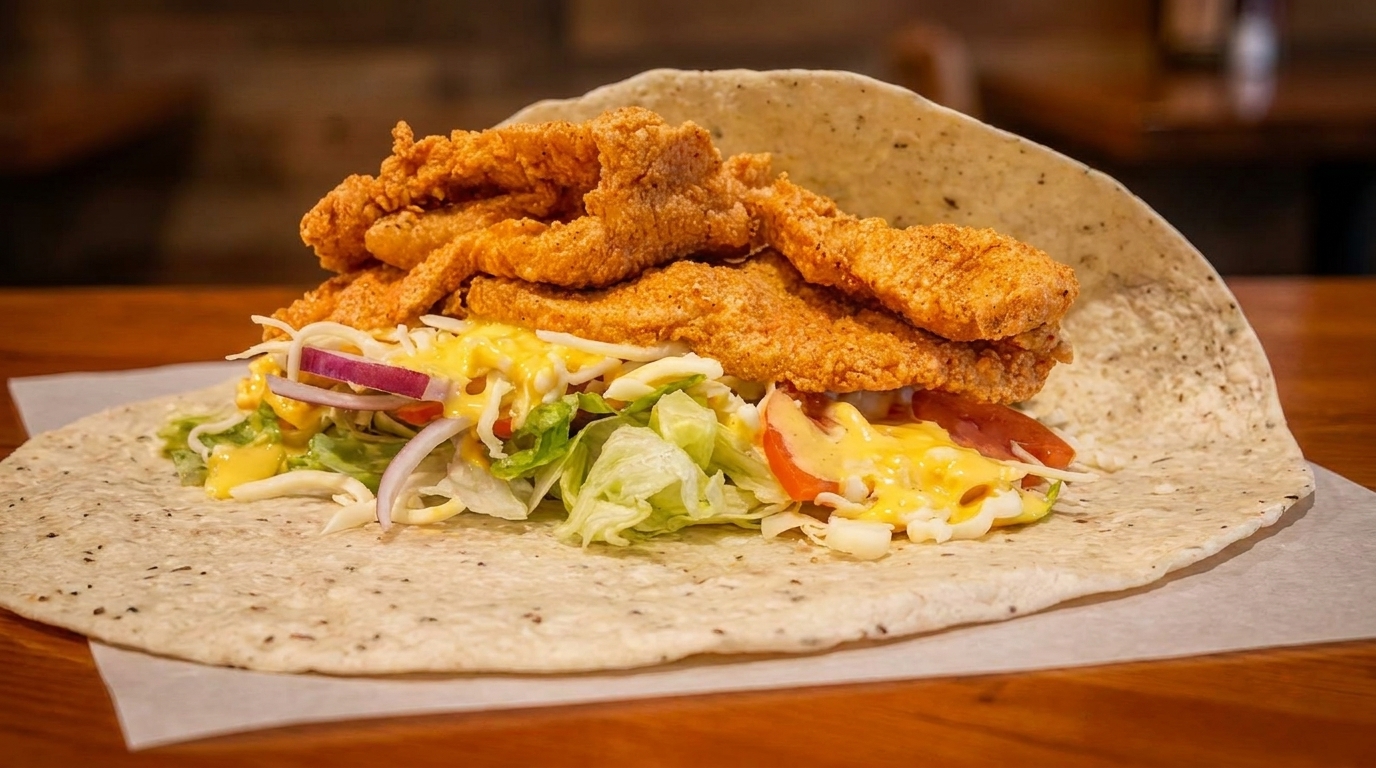 A large wrap filled with crispy fried chicken tenders, lettuce, tomatoes, red onions, and cheese sauce.