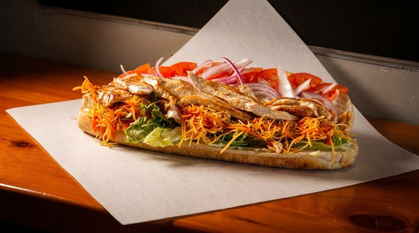 A grilled chicken sub sandwich with lettuce, shredded carrots, tomatoes, and red onions.