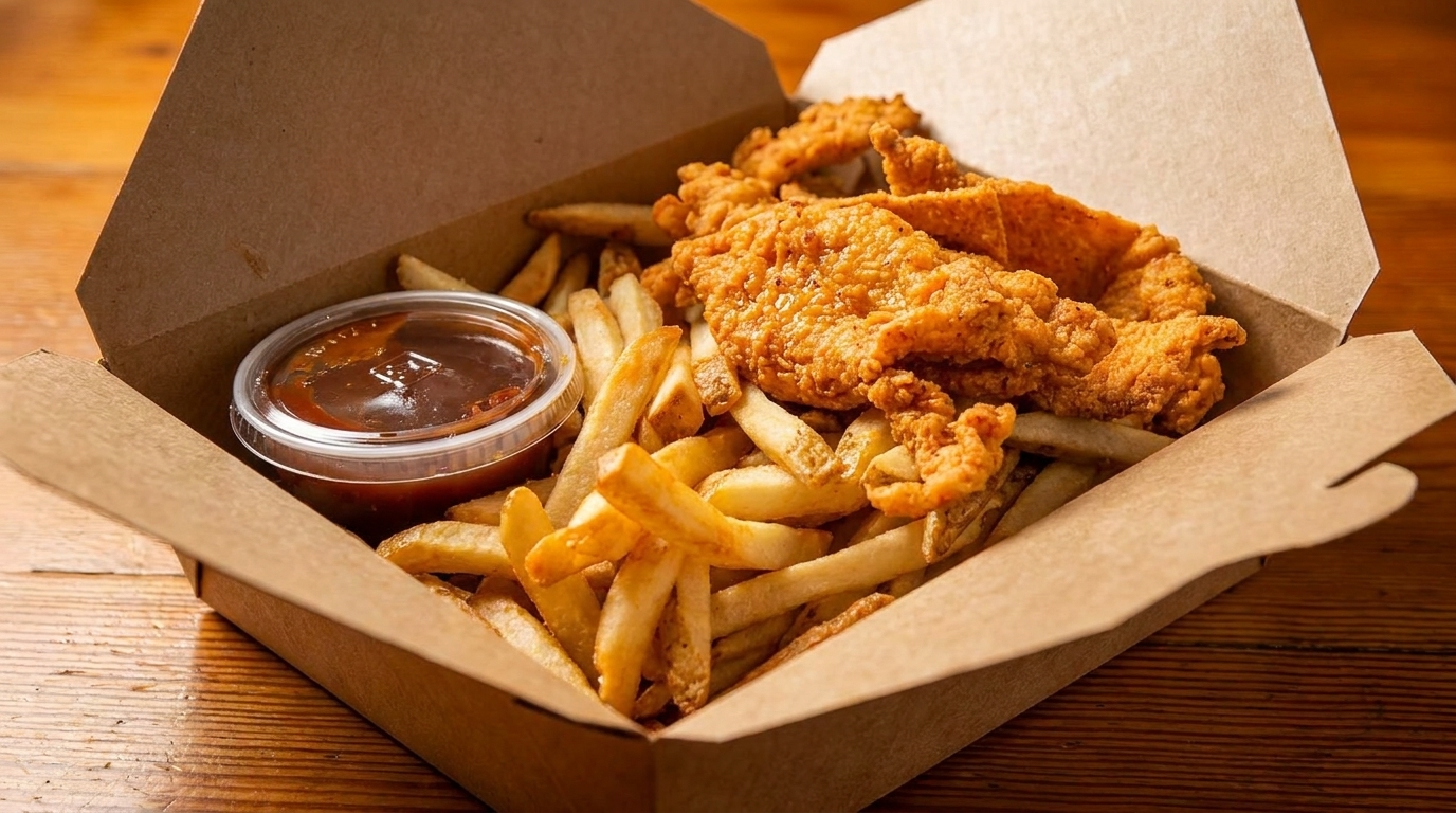 Crispy fried chicken tenders and golden french fries in a brown takeout box with a side of dipping sauce.