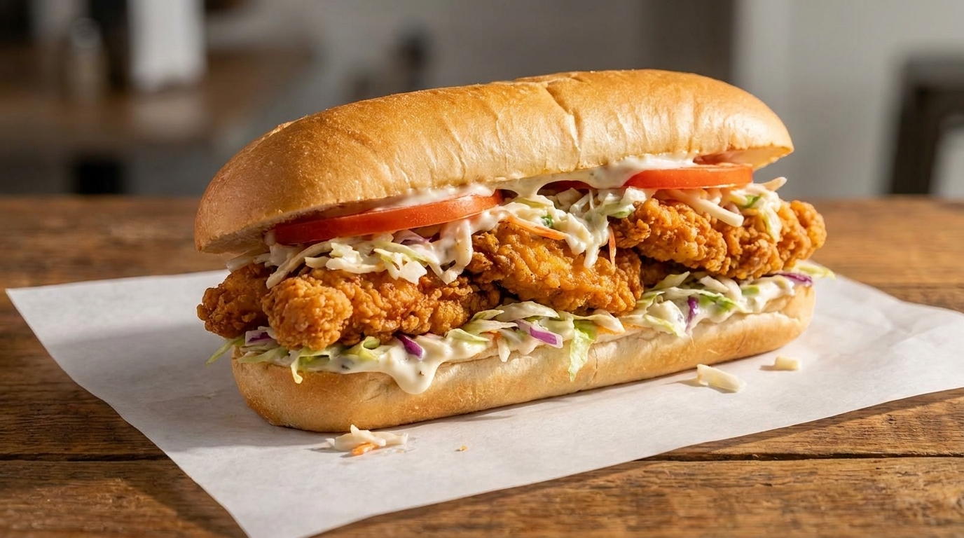 Crispy fried chicken sandwich with coleslaw, tomatoes, and sauce on a long bun.