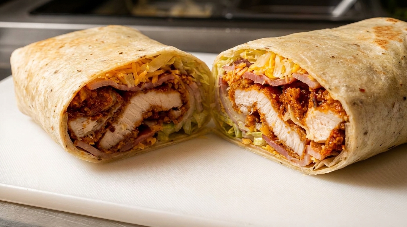 Two halves of a chicken wrap, revealing crispy chicken, ham, cheese, and lettuce inside a tortilla.