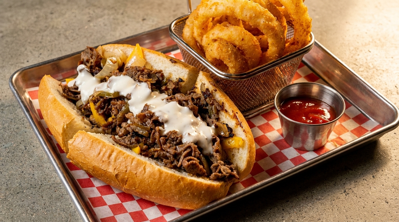 Cheesesteak sandwich with melted cheese, onions, and peppers, served with onion rings and ketchup on a tray.