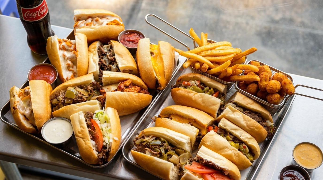 Two trays filled with various cheesesteak sandwiches, fries, tater tots, and dipping sauces.