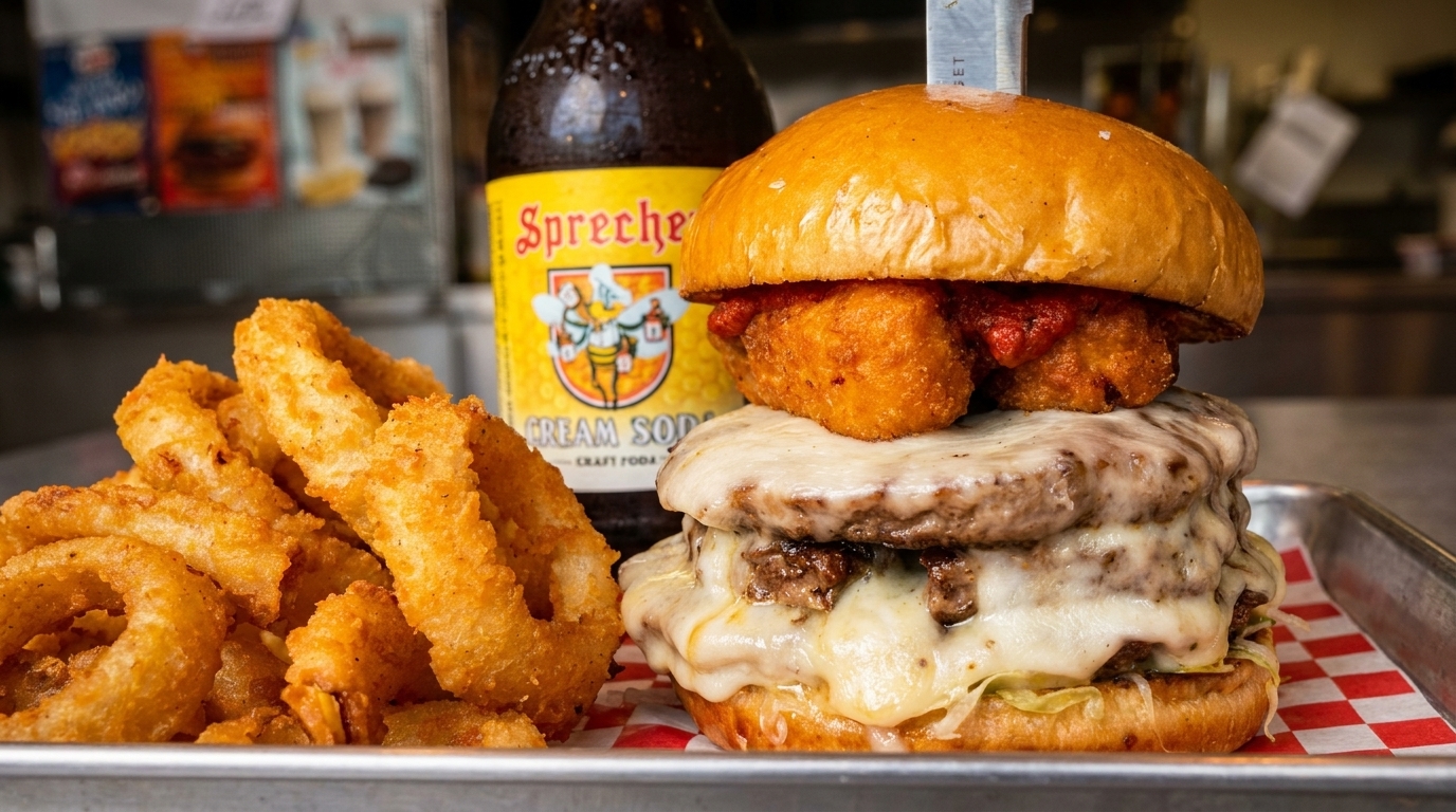 Double cheeseburger with onion rings and a Sprecher Cream Soda bottle on a metal tray.