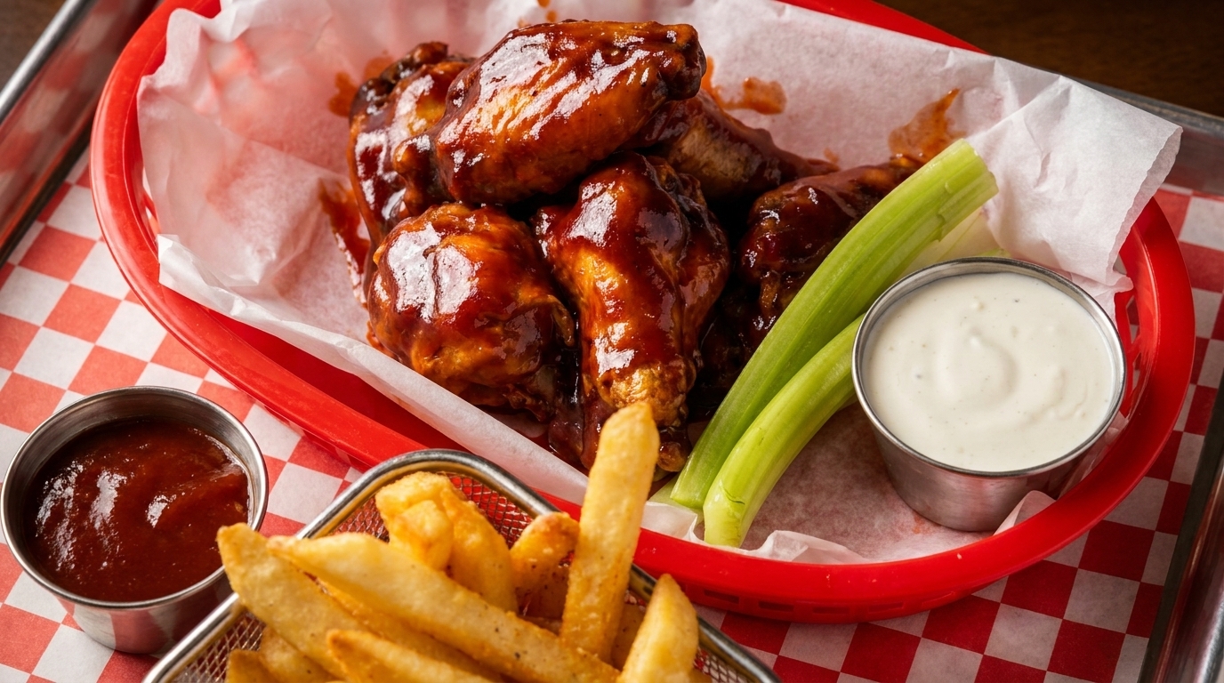 BBQ chicken wings in a red basket with celery, ranch, ketchup, and french fries.