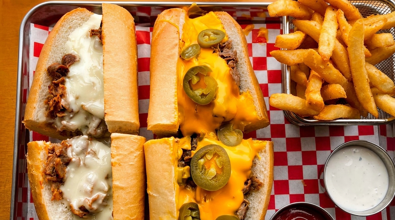 Two cheesesteaks, one with white cheese, one with yellow cheese and jalapeños, with fries and dipping sauces.