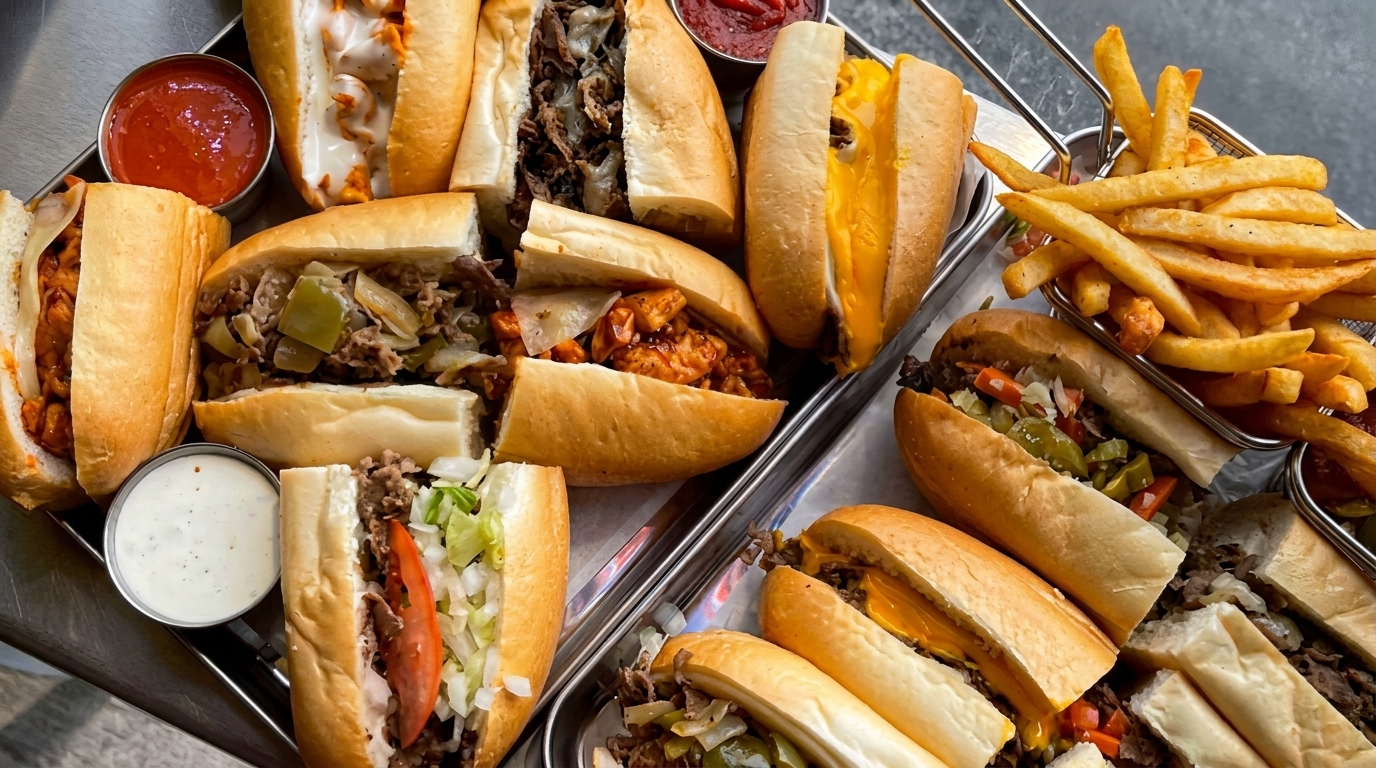 A tray of various cheesesteak sandwiches, some with fries and dipping sauces.