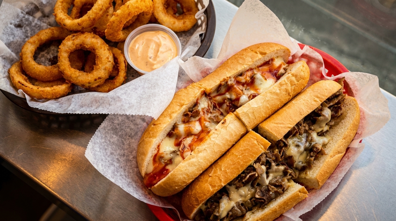 Two cheesesteak sandwiches and a basket of golden onion rings with dipping sauce on a metal counter.