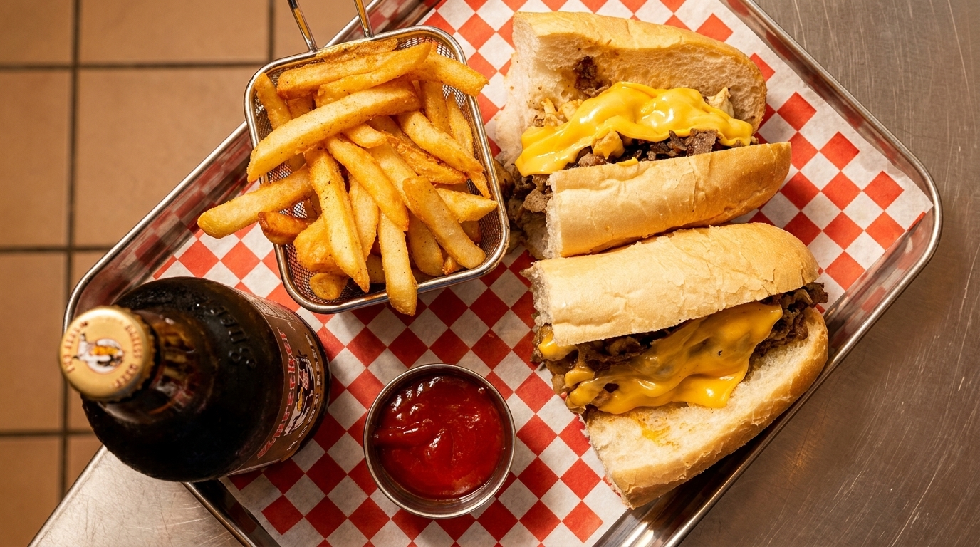 Two cheesesteaks, a basket of fries, ketchup, and a bottled drink on a metal tray.