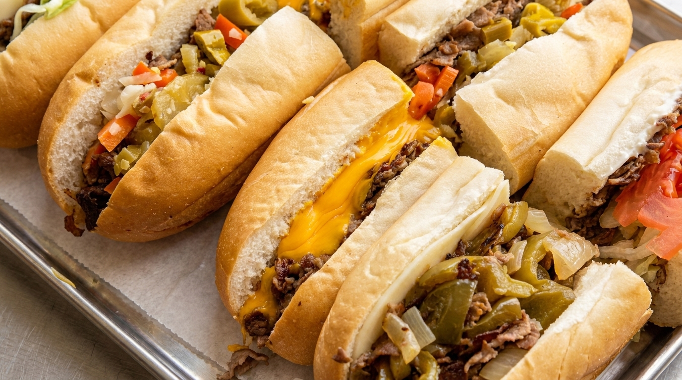 Close-up of several Philly cheesesteak sandwiches with various toppings on a metal tray.