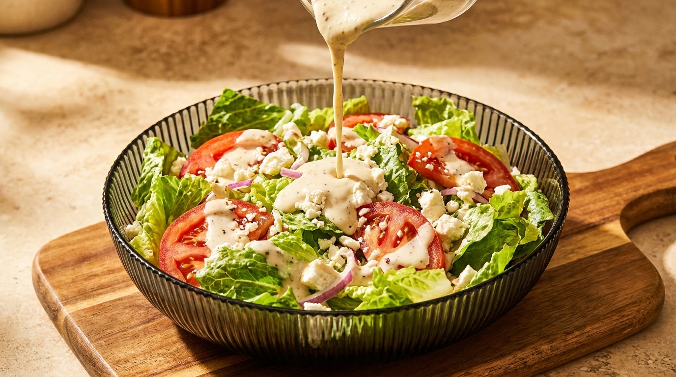 Creamy dressing pours over a fresh garden salad with lettuce, tomatoes, red onion, and feta cheese.