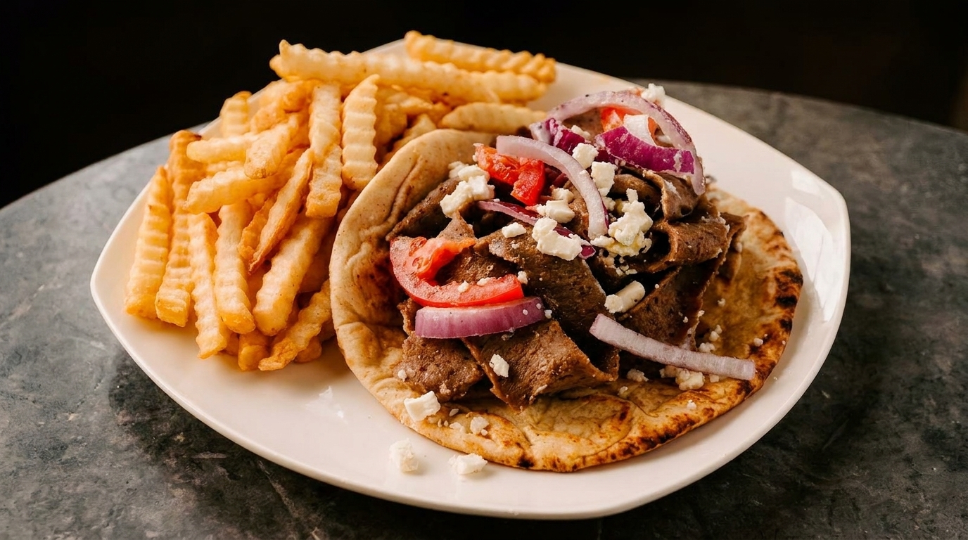 A gyro with meat, tomatoes, red onions, and feta cheese, served with crinkle-cut fries.