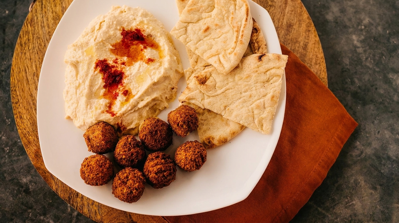 A white plate with hummus, falafel, and pita bread on a wooden board with an orange napkin.
