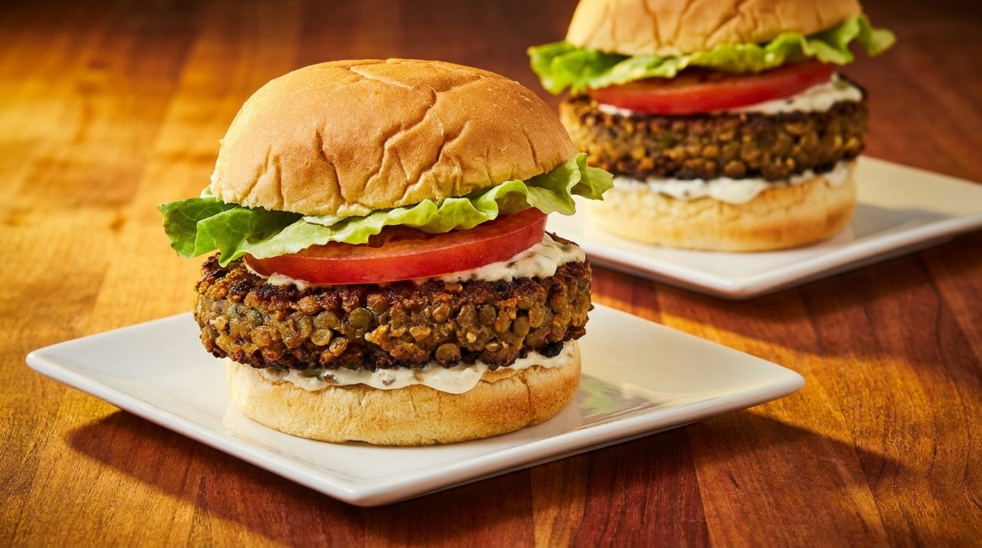 Two delicious veggie burgers with lettuce, tomato, and sauce on white plates.