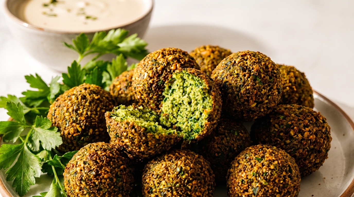 Crispy falafel balls, one broken open to show the green interior, with parsley and tahini sauce.