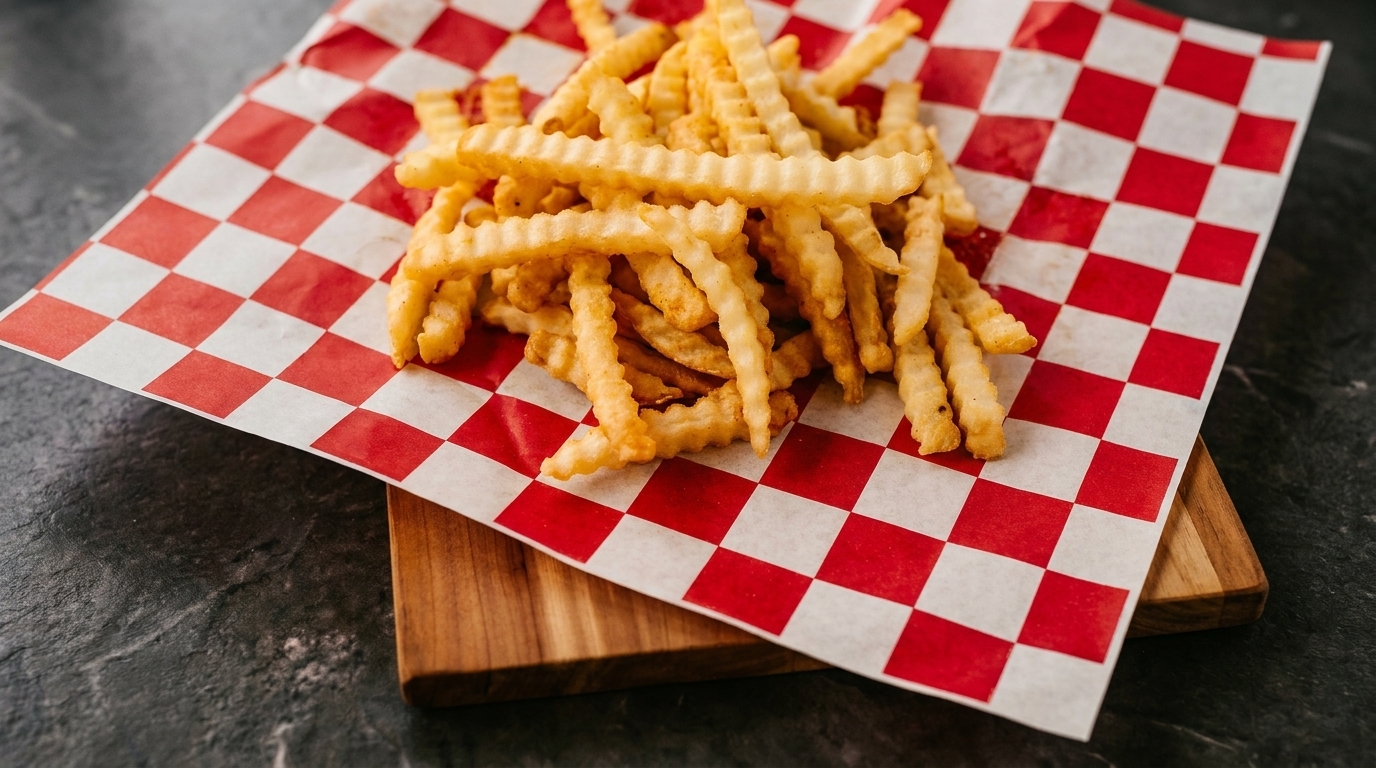 Crispy crinkle-cut french fries piled on red and white checkered paper, on a wooden board.