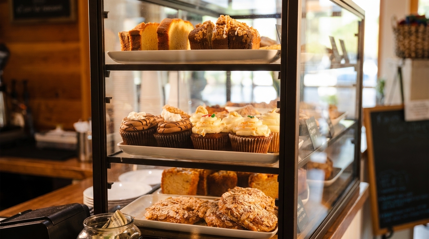 Glass display case filled with various baked goods, including cupcakes, muffins, and pastries.