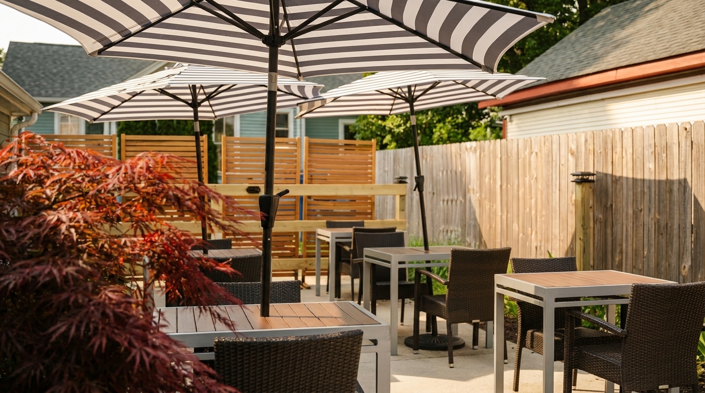 Outdoor patio dining area with striped umbrellas, square tables, and wicker chairs, surrounded by fences and foliage.