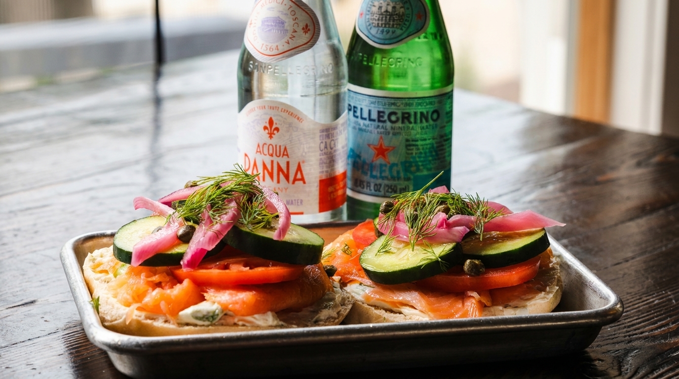 Two bagels with smoked salmon, cream cheese, cucumber, tomato, pickled onions, and dill, with two sparkling water bottles.