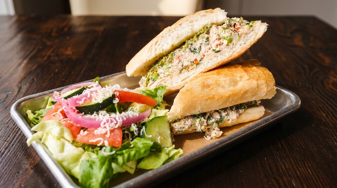 Tuna salad sandwich on a baguette with a side salad of lettuce, tomatoes, cucumbers, and red onions.