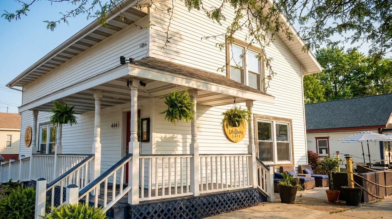 White two-story house with a porch, hanging plants, and a "LakeShore Cafe" sign, with outdoor seating.