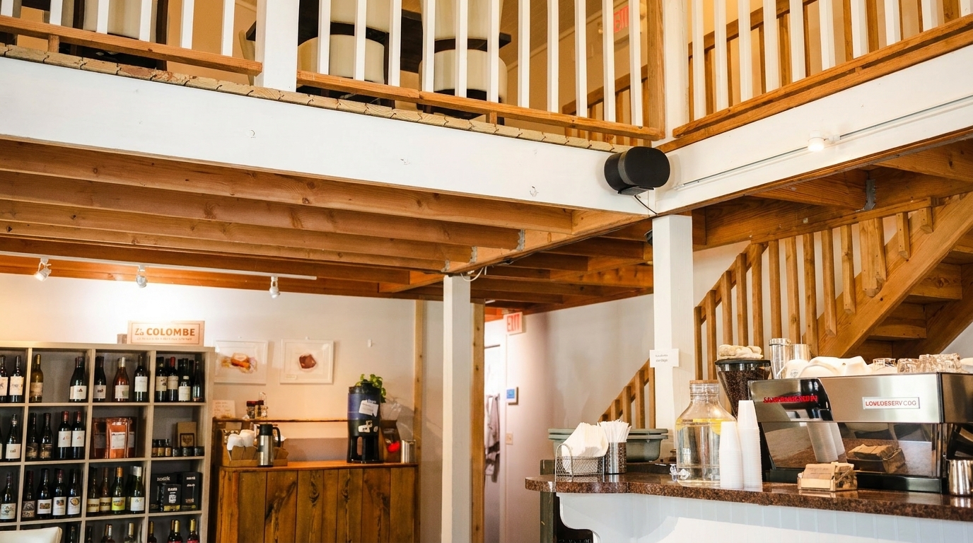 Interior of a cafe with a coffee bar, wine shelves, and wooden stairs leading to a second floor.
