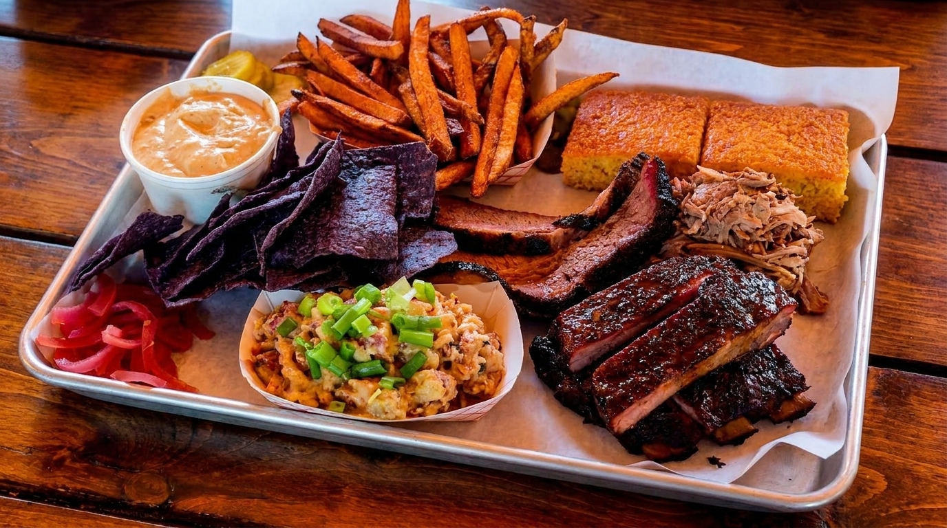 A large platter of barbecue with ribs, brisket, pulled pork, fries, cornbread, and sides.