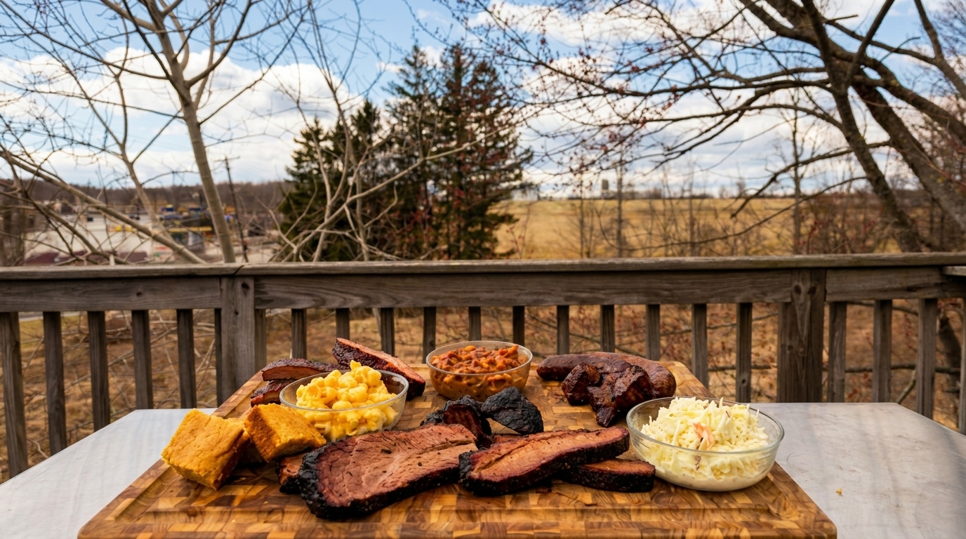 Barbecue feast with brisket, ribs, mac and cheese, baked beans, and coleslaw on a deck.