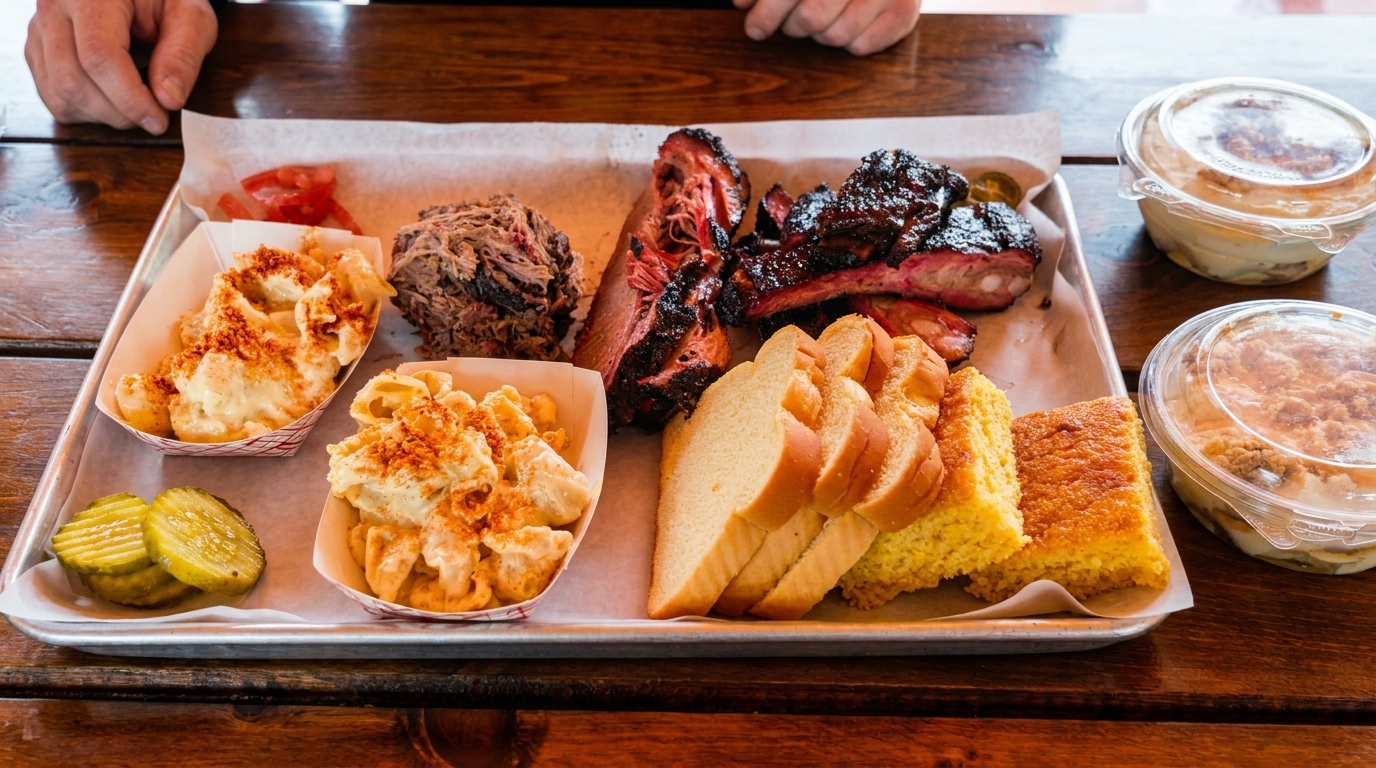 A large platter of barbecue ribs, pulled pork, mac and cheese, bread, cornbread, and pickles.
