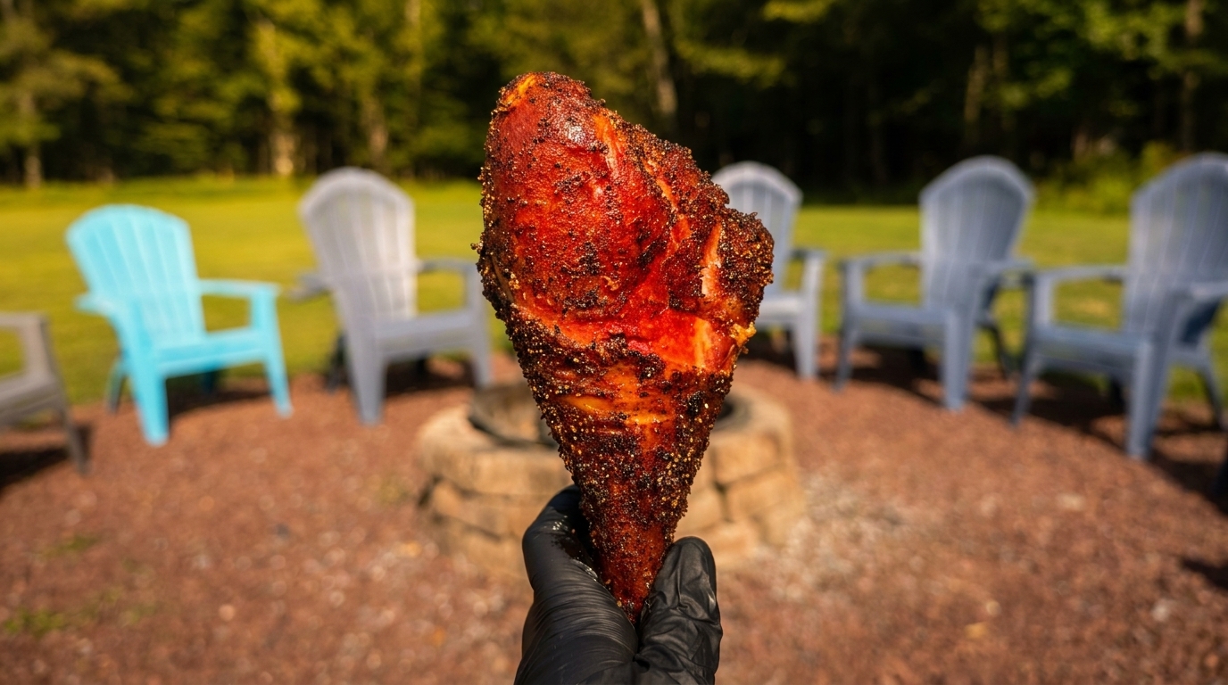Gloved hand holding a large, seasoned turkey leg outdoors with a fire pit and chairs in the background.