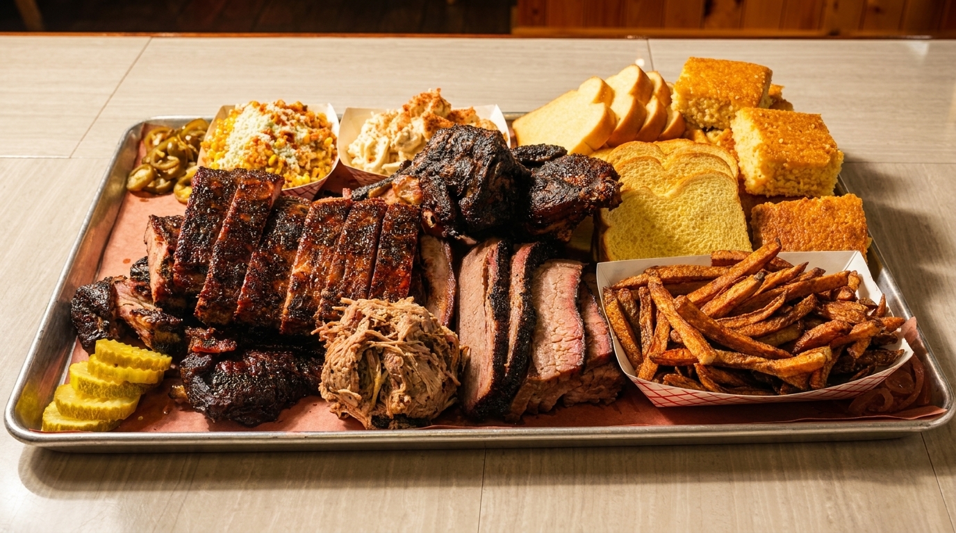 A large metal tray filled with various barbecue meats, sides, bread, and cornbread.
