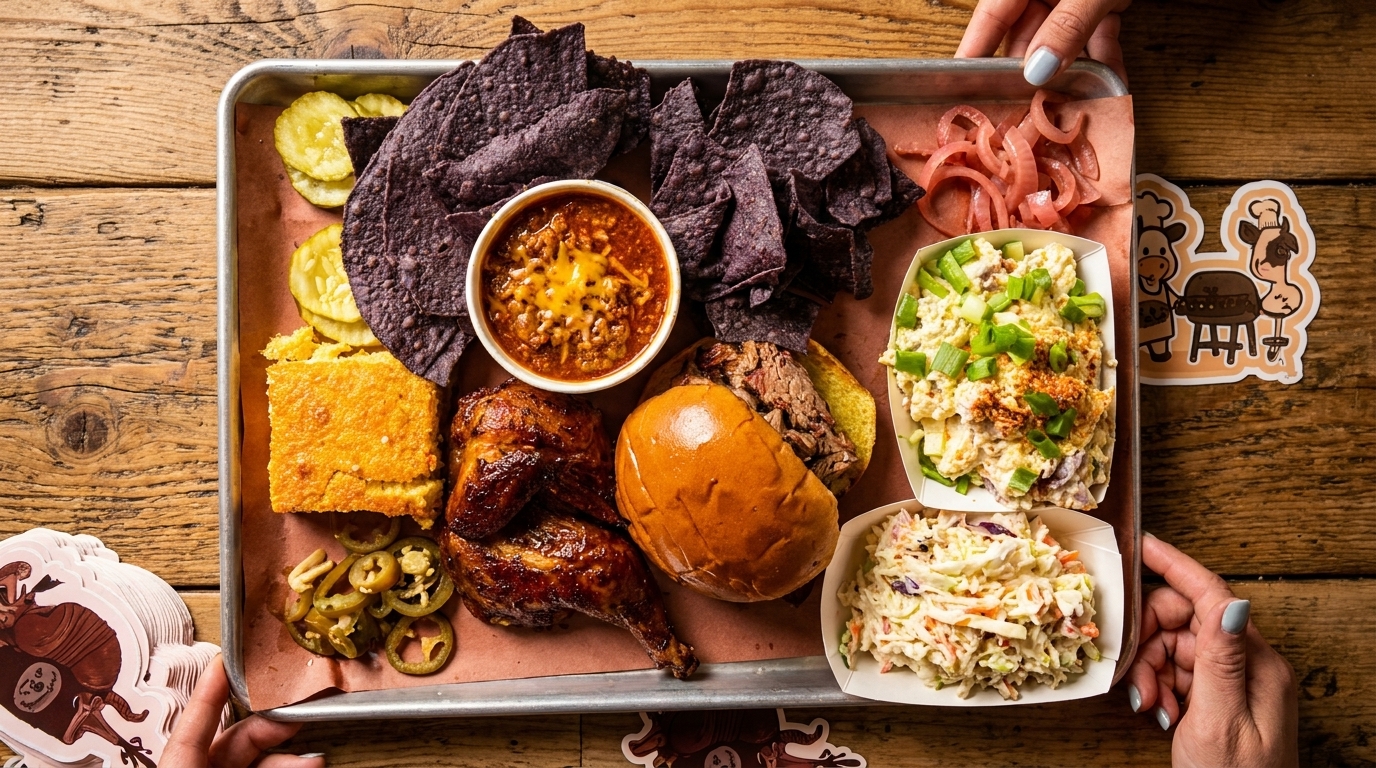 Hands holding a tray of BBQ chicken, brisket sandwich, chili, cornbread, coleslaw, and pickles.