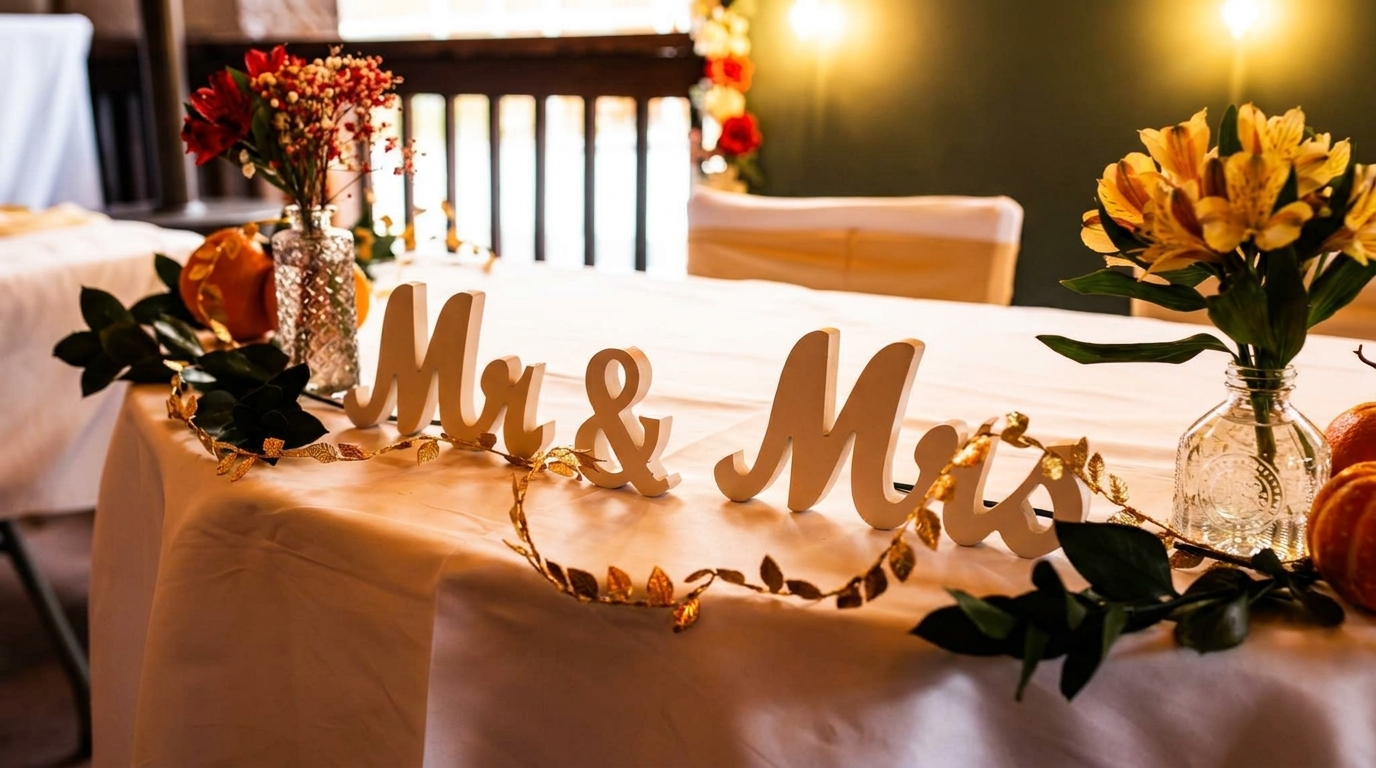 A white tablecloth with "Mr & Mrs" signs, floral arrangements, and small pumpkins.