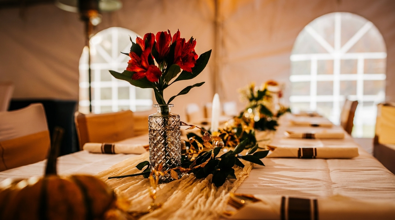 A long dining table set with red flowers, gold accents, and white napkins in a warm-lit tent.