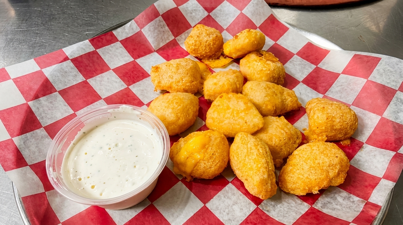 Golden-fried cheese curds and a side of ranch dressing on red and white checkered paper.