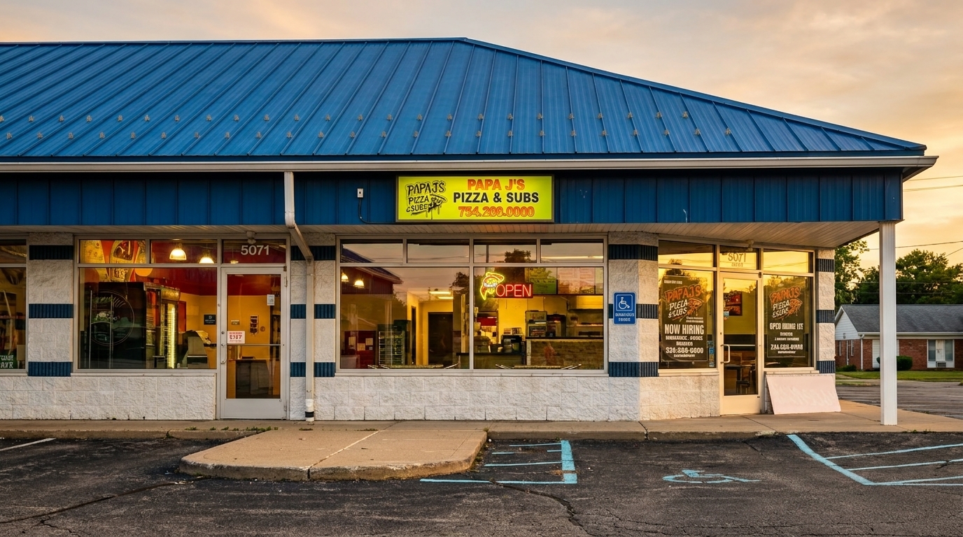 Exterior of Papa J's Pizza & Subs with a blue roof and yellow sign at sunset.