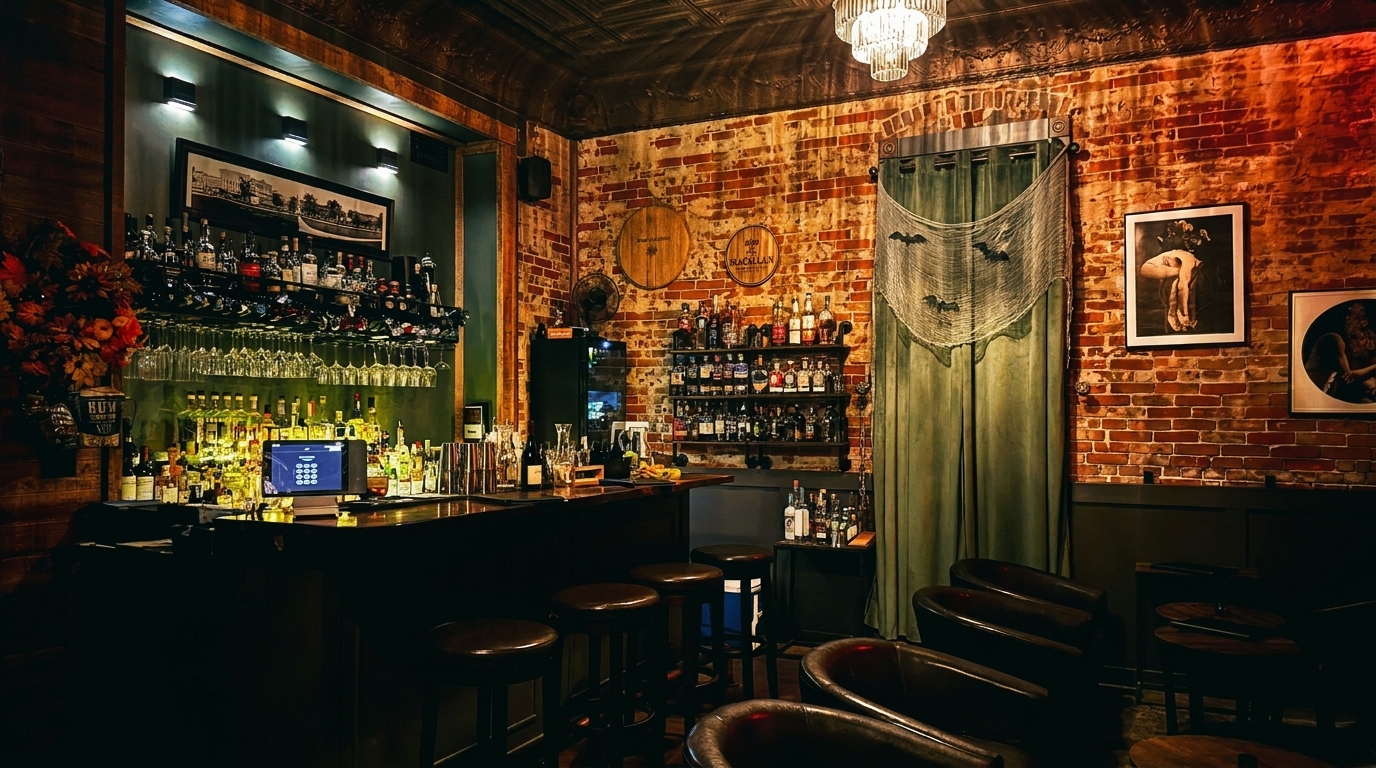 A dimly lit bar with a brick wall, bottles of liquor, and bar stools.