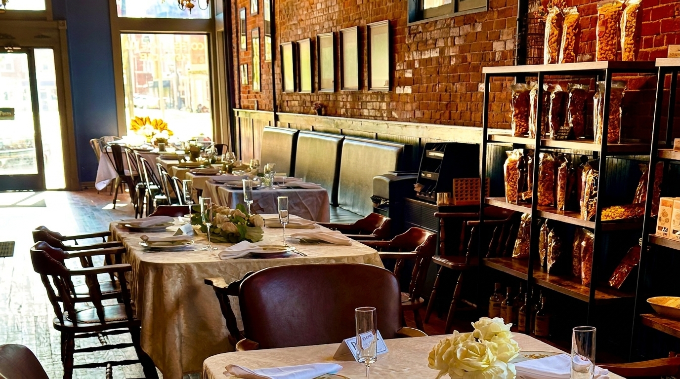 A restaurant dining room with set tables, brick walls, and shelves of packaged goods.