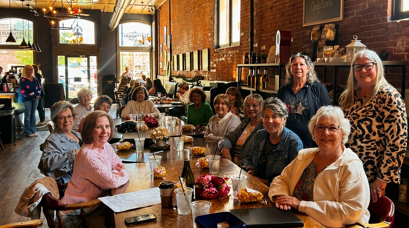 A group of women smiling and sitting at a long wooden table in a rustic restaurant.
