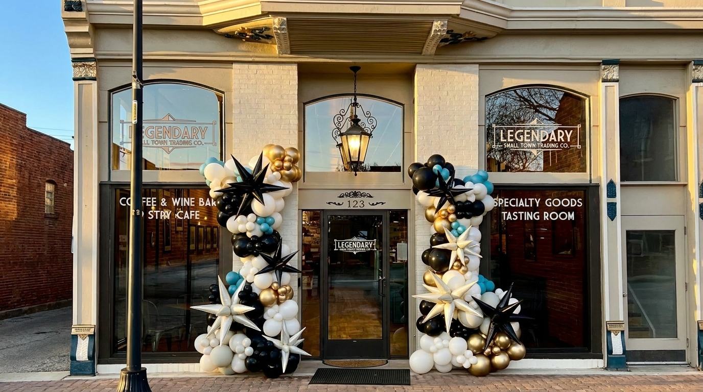 The storefront of Legendary Small Town Trading Co. adorned with black, white, gold, and blue balloons.