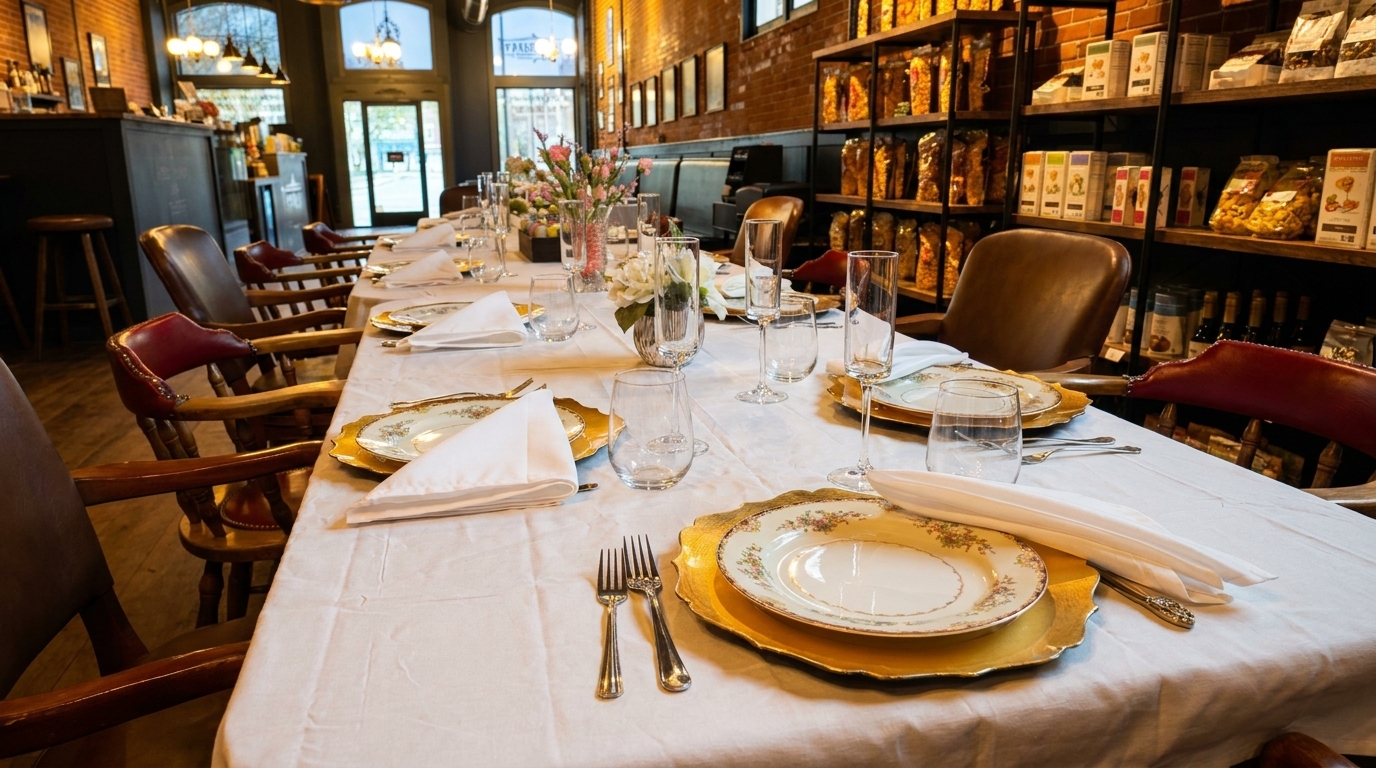 Long dining table set with elegant plates, silverware, and glasses in a restaurant.